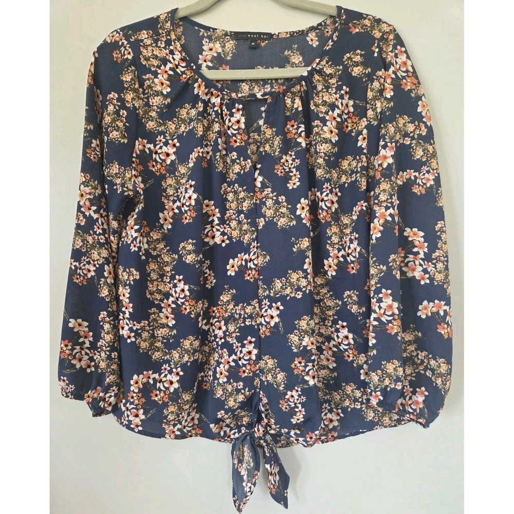 West Kei Flowy Peasant Top Blue Floral Front Tie Womans Size M